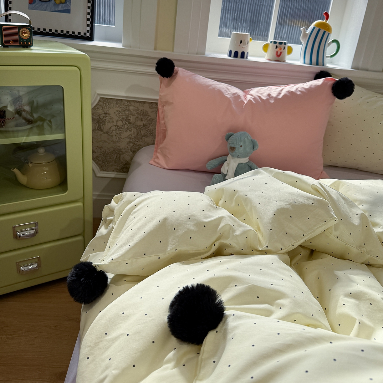 91家纺网 家纺一手货源 找家纺 慕尚家纺 2026新款全棉纯棉水洗带球工艺四件套 波点黄