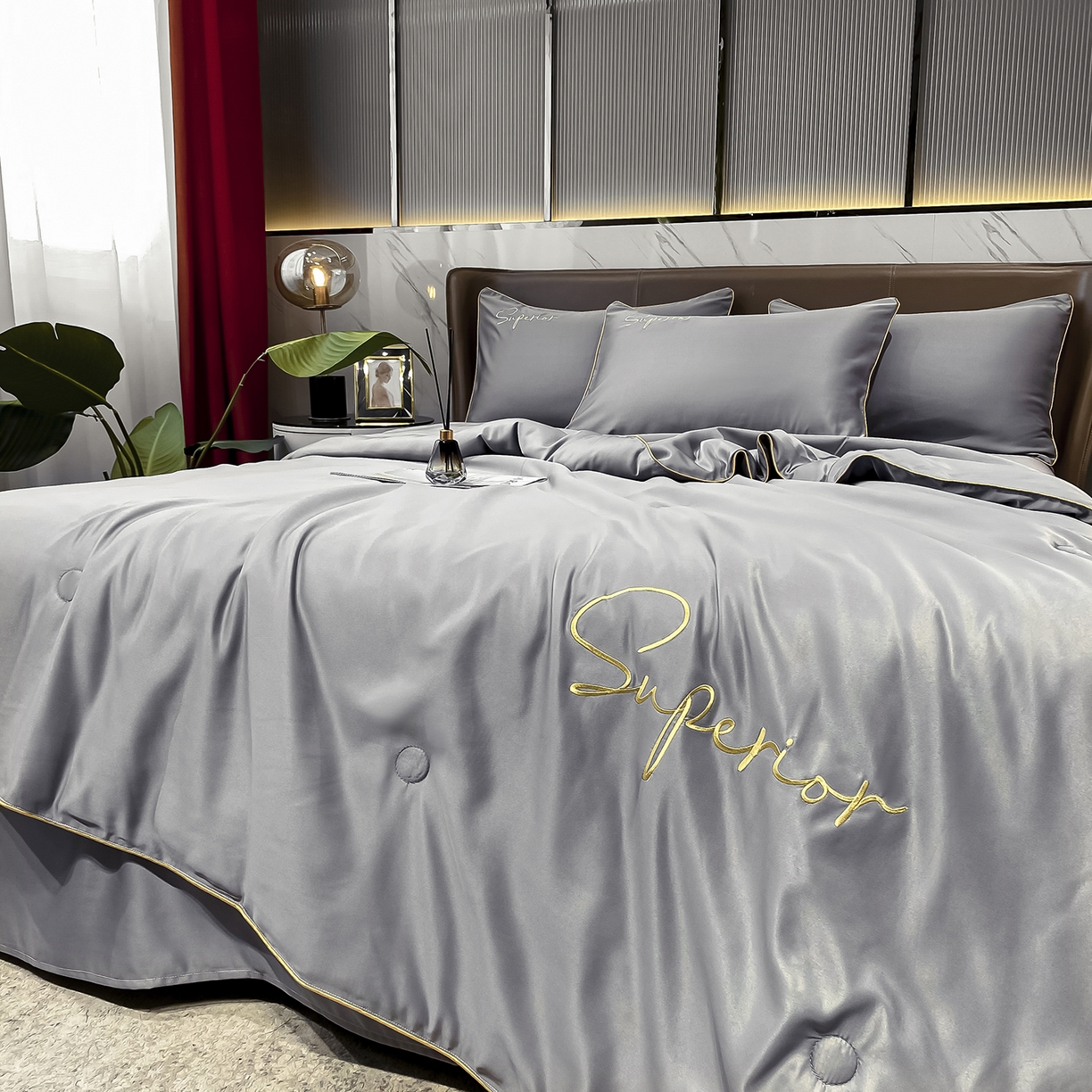 91家纺网 家纺一手货源 找家纺 吾诺家居 2026新款字母刺绣水洗天丝夏被夏凉被空调被四件套-字母 字母经典灰