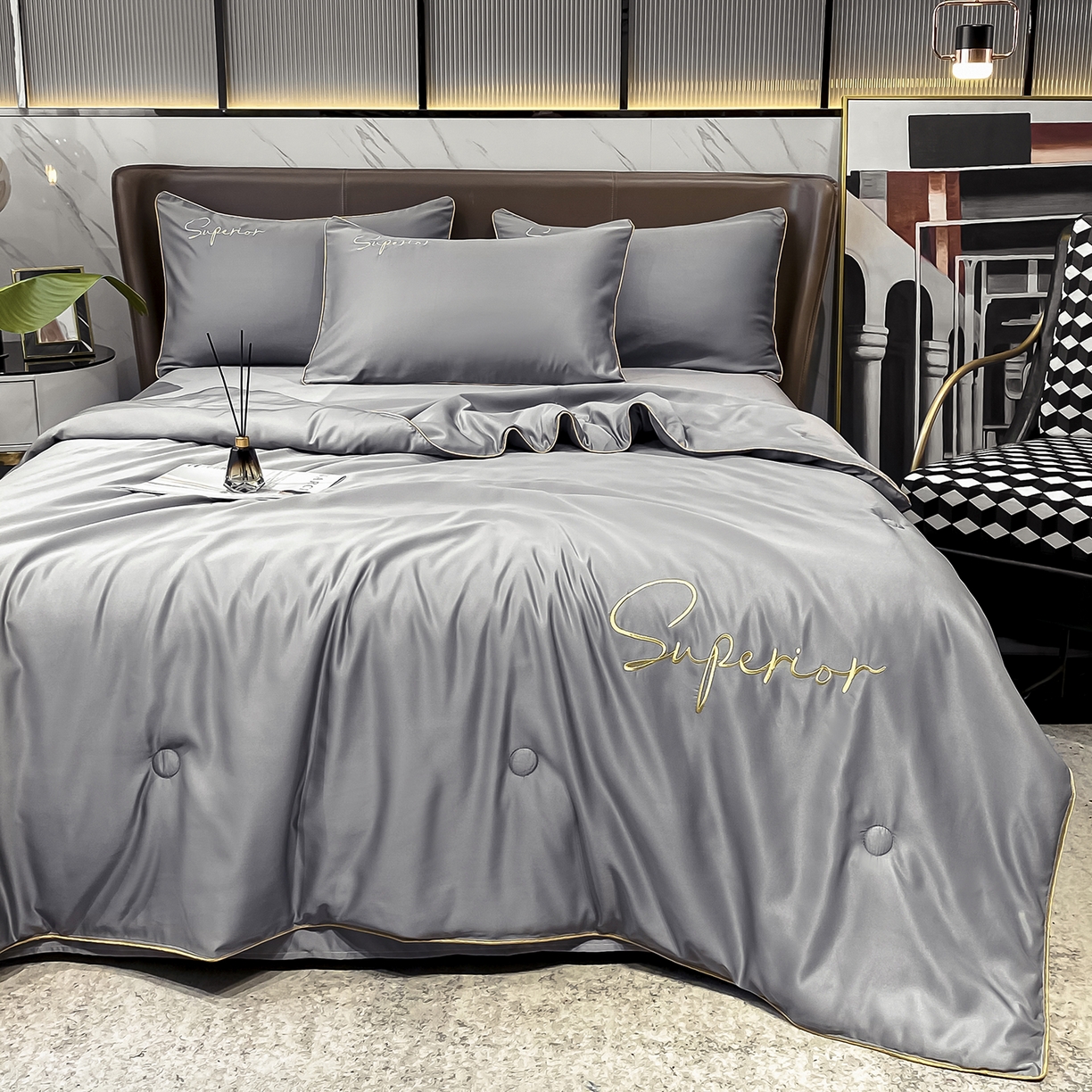 91家纺网 家纺一手货源 找家纺 吾诺家居 2026新款字母刺绣水洗天丝夏被夏凉被空调被四件套-字母 字母经典灰