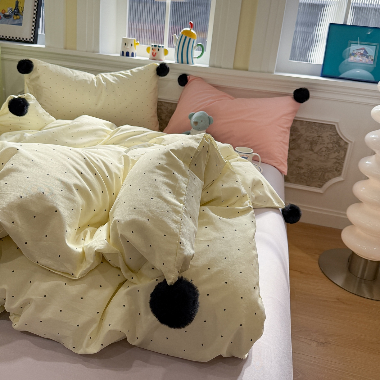 91家纺网 家纺一手货源 找家纺 慕尚家纺 2026新款全棉纯棉水洗带球工艺四件套 波点黄