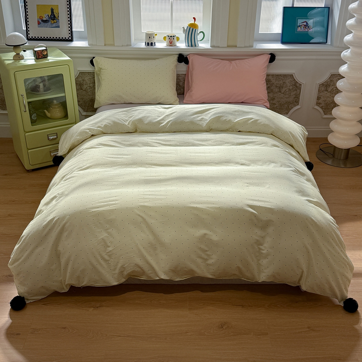 91家纺网 家纺一手货源 找家纺 慕尚家纺 2026新款全棉纯棉水洗带球工艺四件套 波点黄