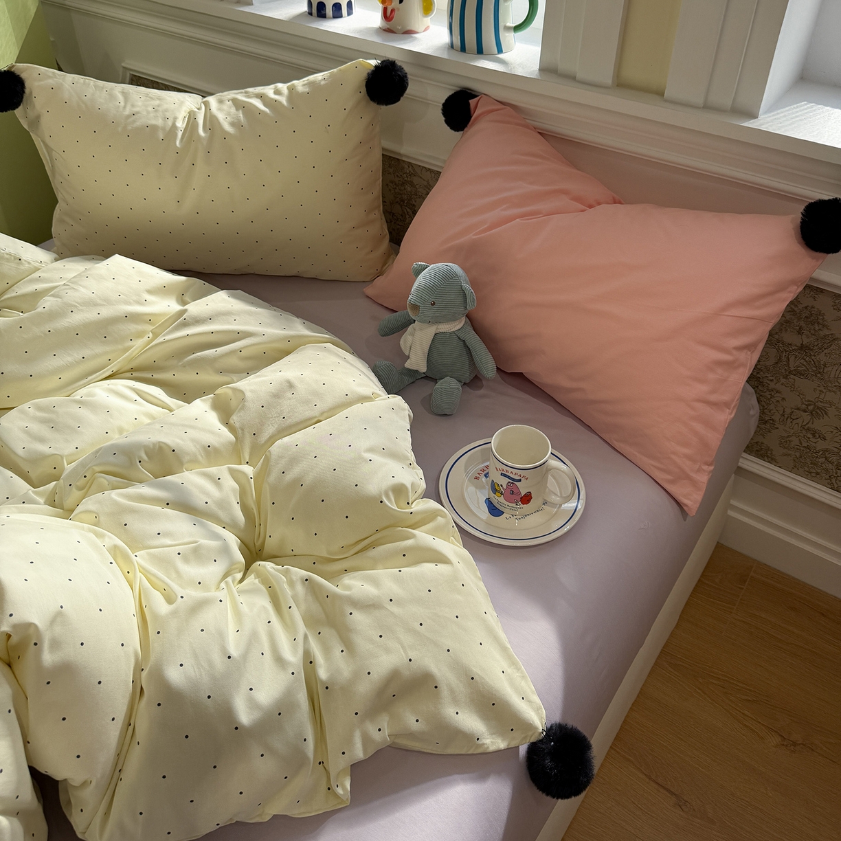 91家纺网 家纺一手货源 找家纺 慕尚家纺 2026新款全棉纯棉水洗带球工艺四件套 波点黄