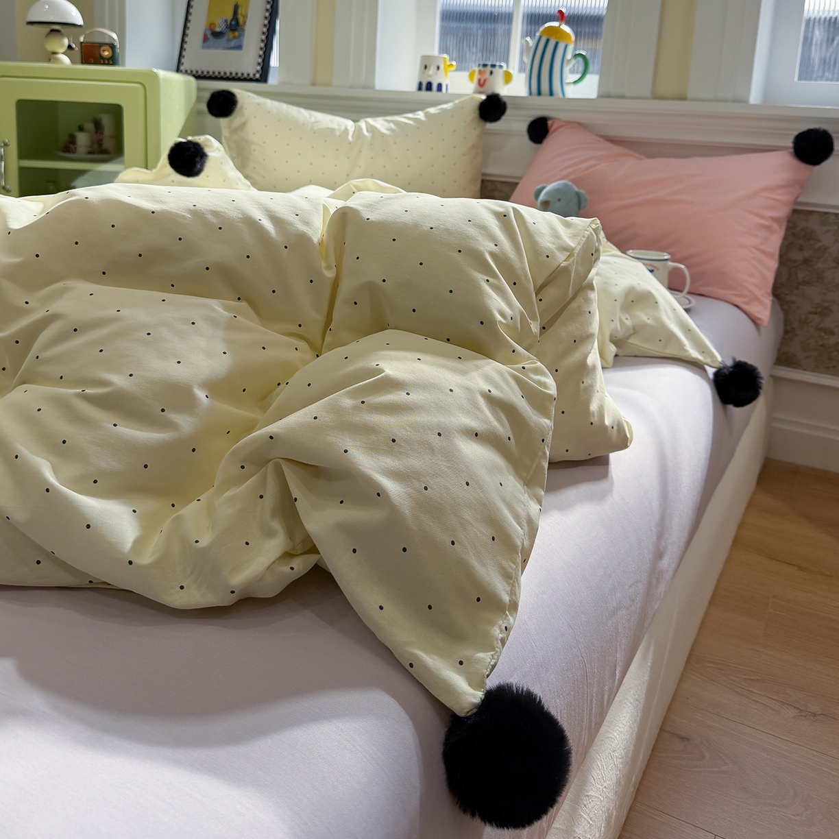 91家纺网 家纺一手货源 找家纺 慕尚家纺 2026新款全棉纯棉水洗带球工艺四件套 波点黄