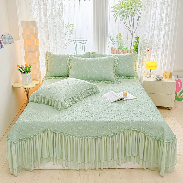 91家纺网 家纺一手货源 找家纺 金绣美居 2026新款PE高分子复合凉感席韩版床裙款凉席三件套-小确幸 小确幸-幸运绿