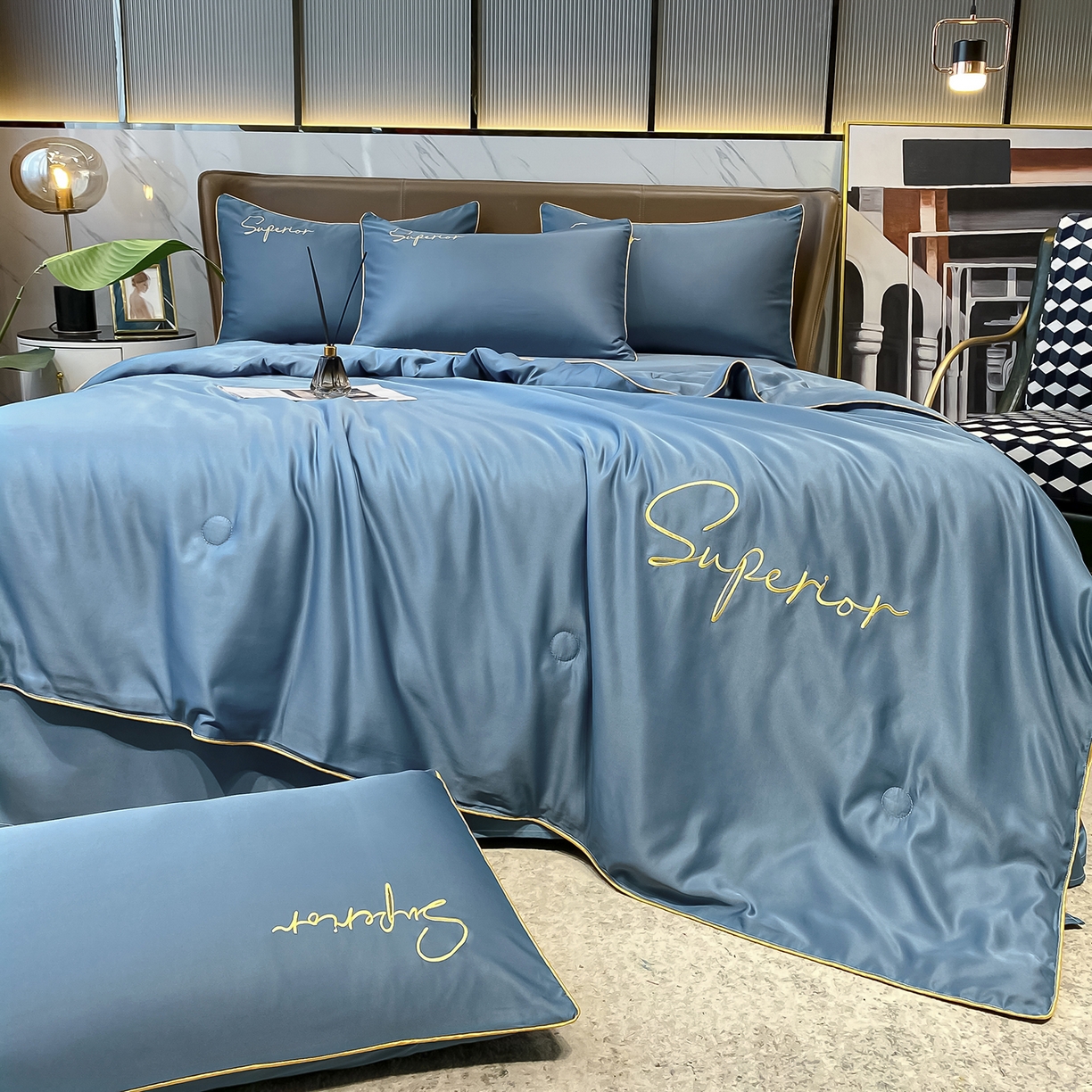 91家纺网 家纺一手货源 找家纺 吾诺家居 2026新款字母刺绣水洗天丝夏被夏凉被空调被四件套-字母 字母静谧蓝