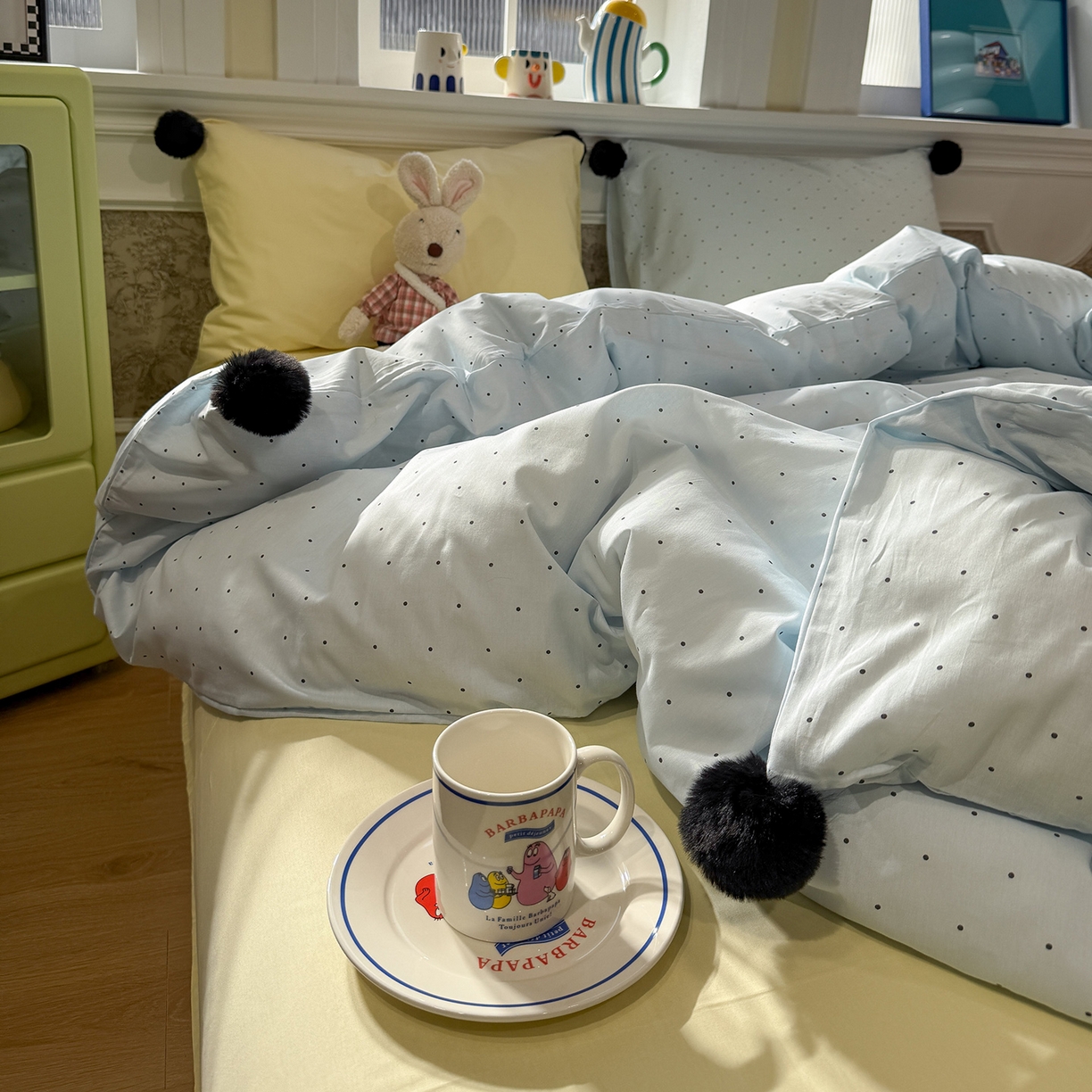 91家纺网 家纺一手货源 找家纺 慕尚家纺 2026新款全棉纯棉水洗带球工艺四件套 波点蓝