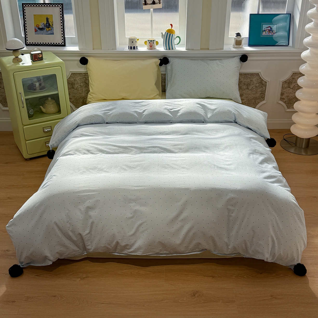 91家纺网 家纺一手货源 找家纺 慕尚家纺 2026新款全棉纯棉水洗带球工艺四件套 波点蓝