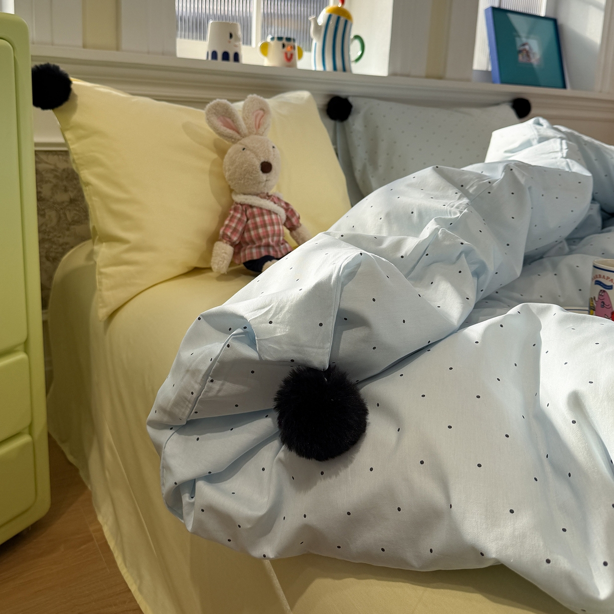 91家纺网 家纺一手货源 找家纺 慕尚家纺 2026新款全棉纯棉水洗带球工艺四件套 波点蓝