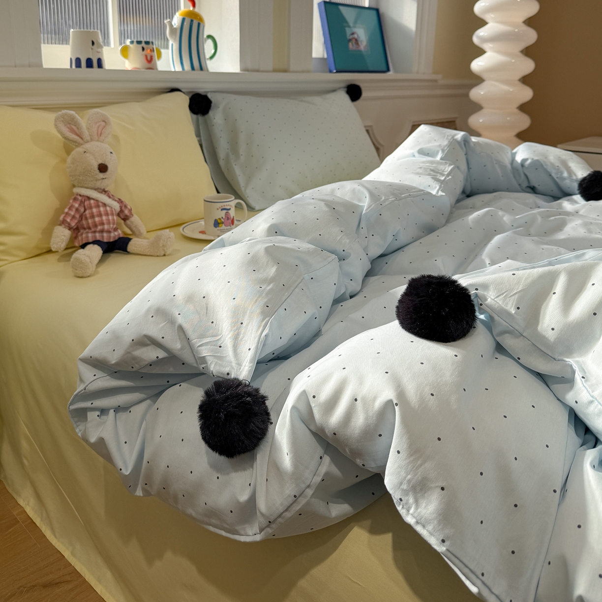 91家纺网 家纺一手货源 找家纺 慕尚家纺 2026新款全棉纯棉水洗带球工艺四件套 波点蓝