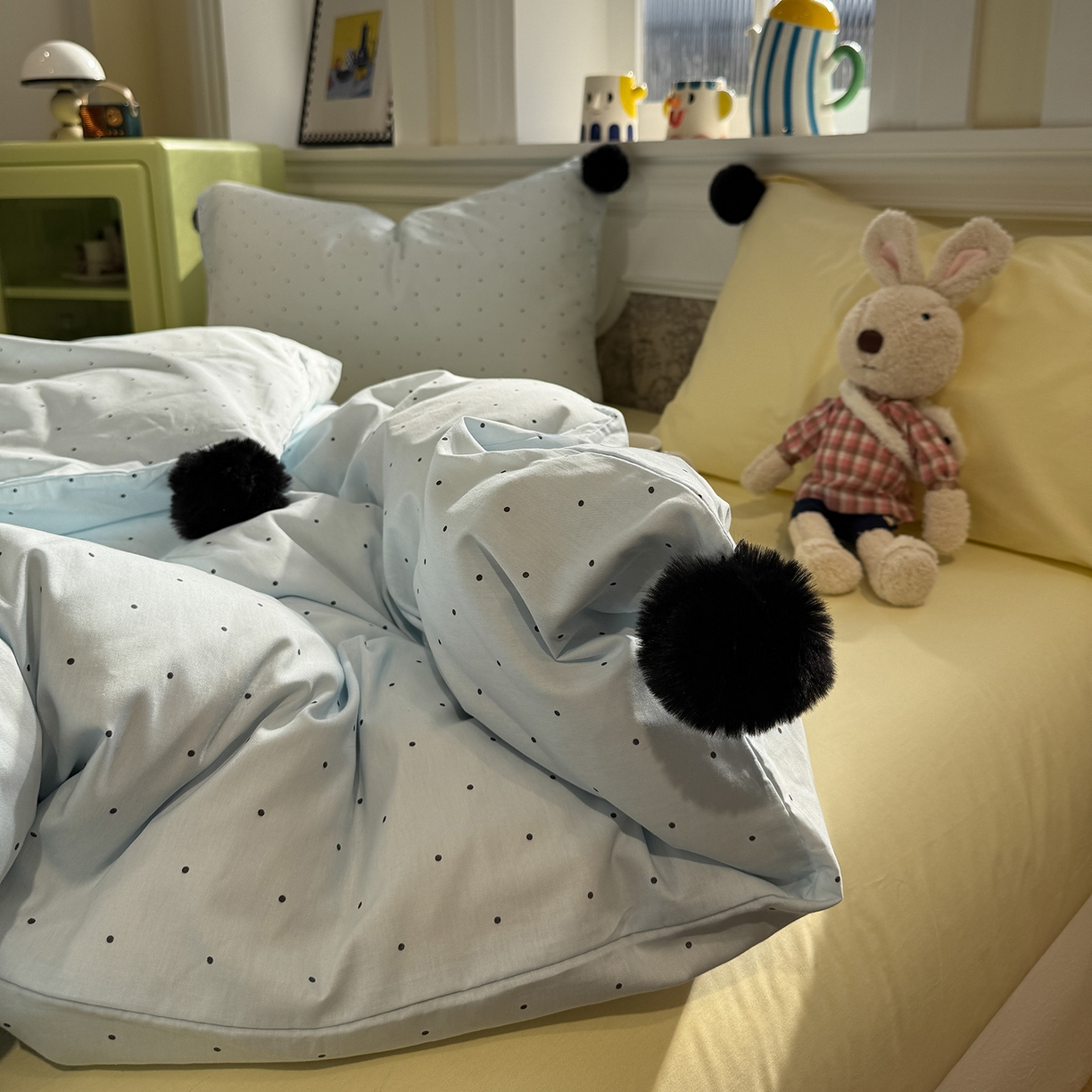 91家纺网 家纺一手货源 找家纺 慕尚家纺 2026新款全棉纯棉水洗带球工艺四件套 波点蓝