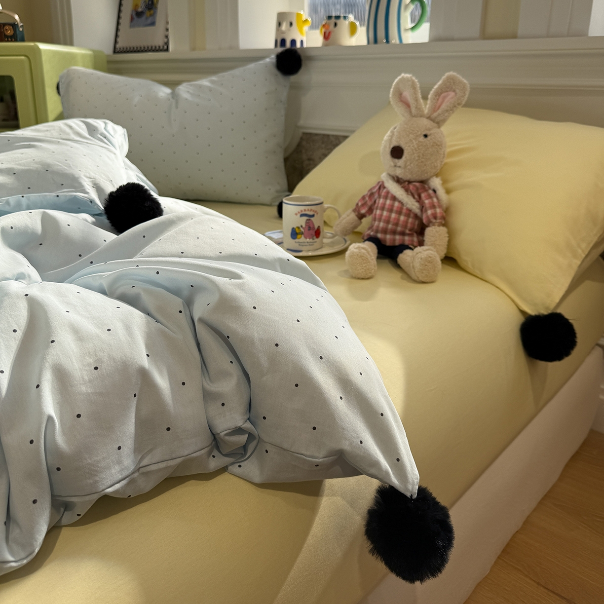 91家纺网 家纺一手货源 找家纺 慕尚家纺 2026新款全棉纯棉水洗带球工艺四件套 波点蓝