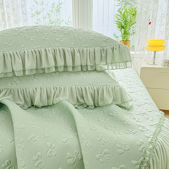 91家纺网 家纺一手货源 找家纺 金绣美居 2026新款PE高分子复合凉感席韩版床裙款凉席三件套-小确幸 小确幸-幸运绿