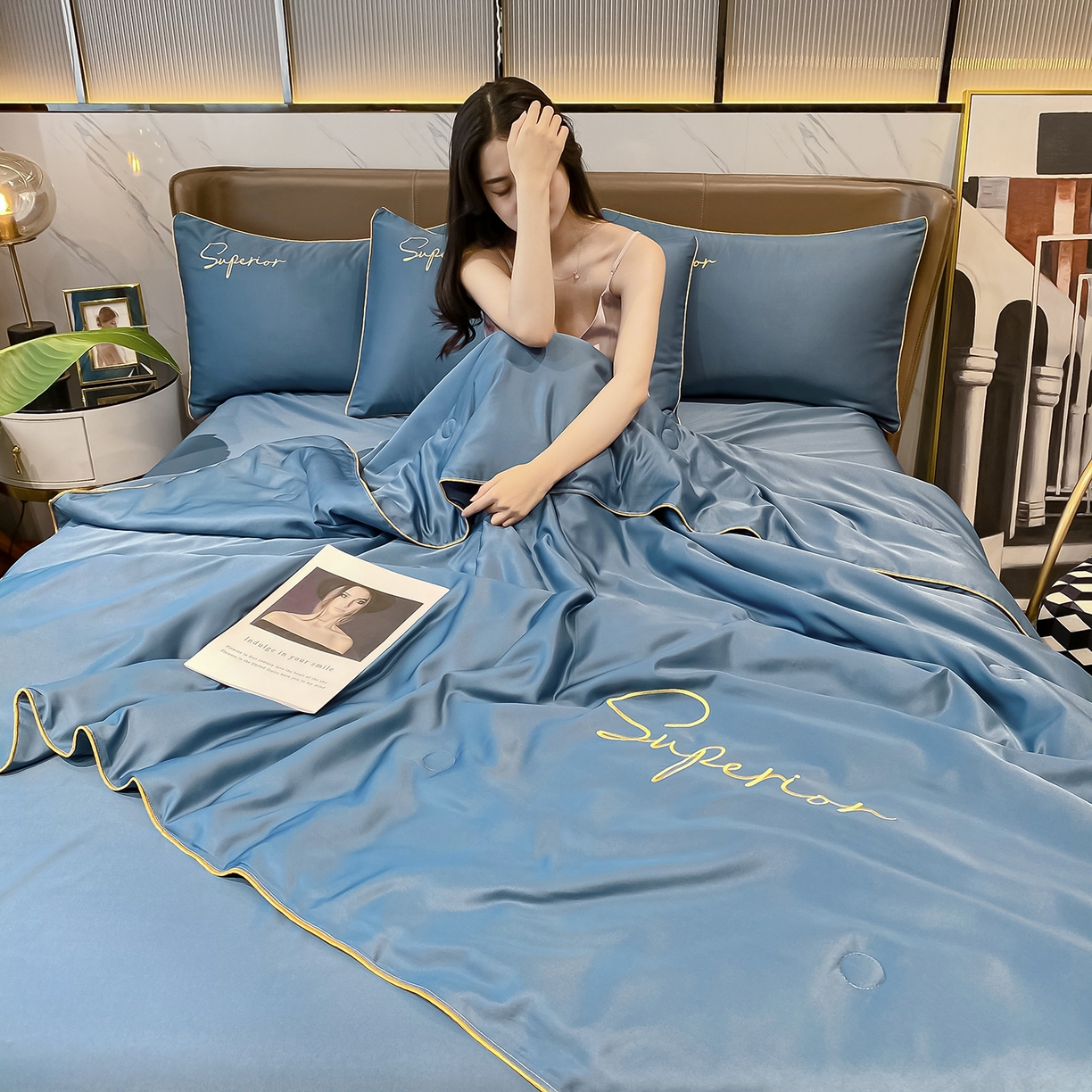 91家纺网 家纺一手货源 找家纺 吾诺家居 2026新款字母刺绣水洗天丝夏被夏凉被空调被四件套-字母 字母静谧蓝