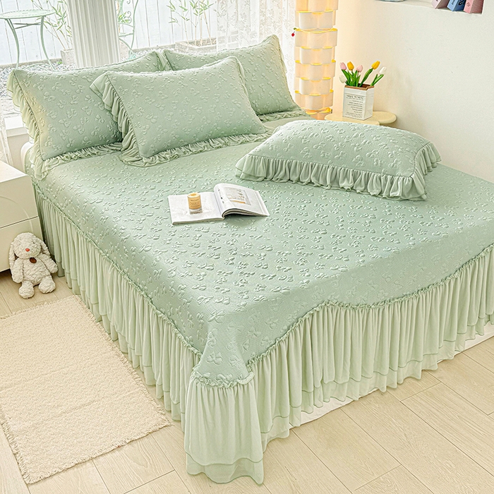 91家纺网 家纺一手货源 找家纺 金绣美居 2026新款PE高分子复合凉感席韩版床裙款凉席三件套-小确幸 小确幸-幸运绿