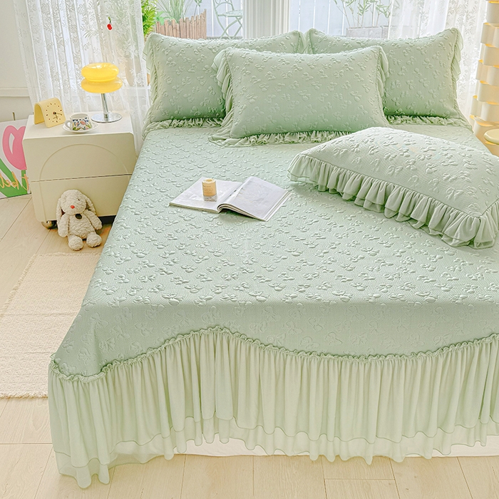 91家纺网 家纺一手货源 找家纺 金绣美居 2026新款PE高分子复合凉感席韩版床裙款凉席三件套-小确幸 小确幸-幸运绿