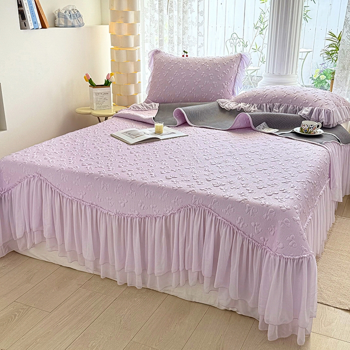 91家纺网 家纺一手货源 找家纺 金绣美居 2026新款PE高分子复合凉感席韩版床裙款凉席三件套-小确幸 小确幸-紫色