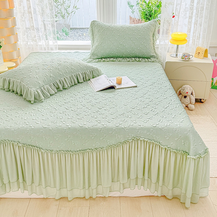 91家纺网 家纺一手货源 找家纺 金绣美居 2026新款PE高分子复合凉感席韩版床裙款凉席三件套-小确幸 小确幸-幸运绿