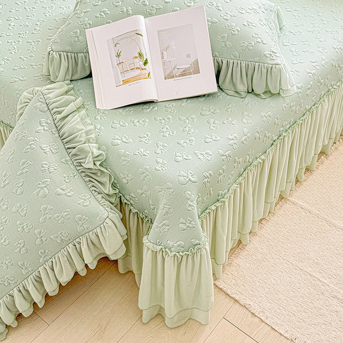 91家纺网 家纺一手货源 找家纺 金绣美居 2026新款PE高分子复合凉感席韩版床裙款凉席三件套-小确幸 小确幸-幸运绿