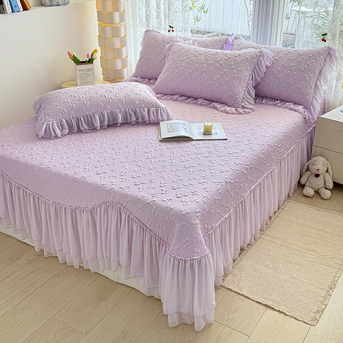 91家纺网 家纺一手货源 找家纺 金绣美居 2026新款PE高分子复合凉感席韩版床裙款凉席三件套-小确幸 小确幸-紫色