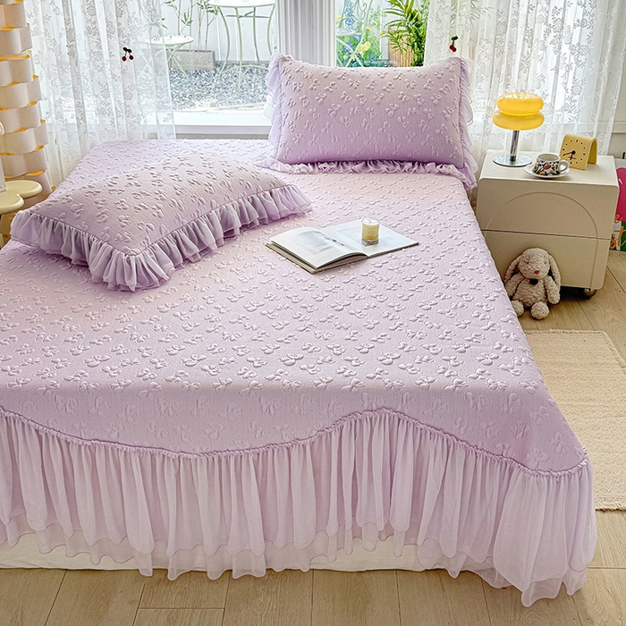 91家纺网 家纺一手货源 找家纺 金绣美居 2026新款PE高分子复合凉感席韩版床裙款凉席三件套-小确幸 小确幸-紫色