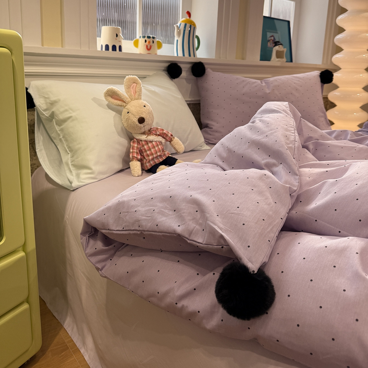 91家纺网 家纺一手货源 找家纺 慕尚家纺 2026新款全棉纯棉水洗带球工艺四件套 波点紫