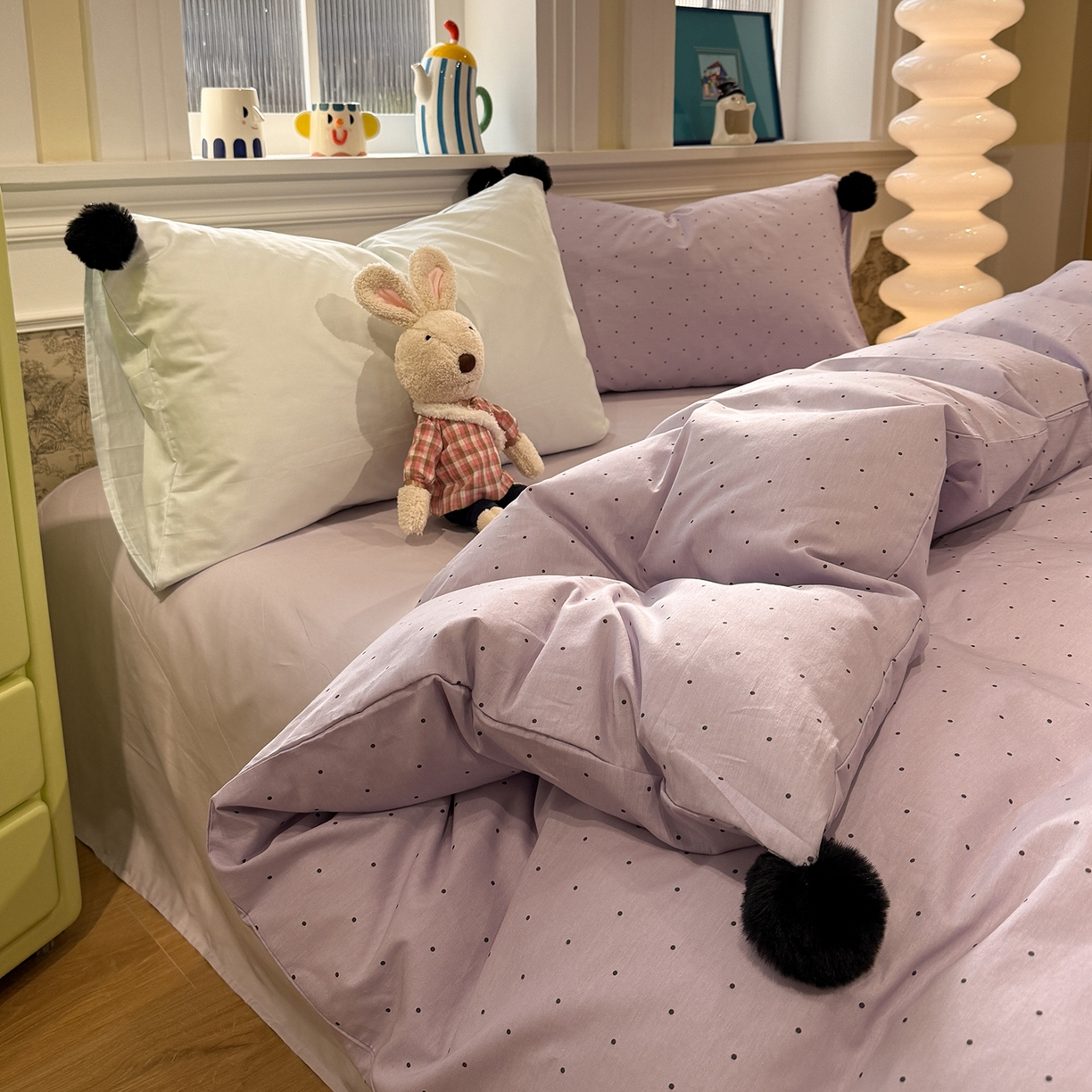 91家纺网 家纺一手货源 找家纺 慕尚家纺 2026新款全棉纯棉水洗带球工艺四件套 波点紫