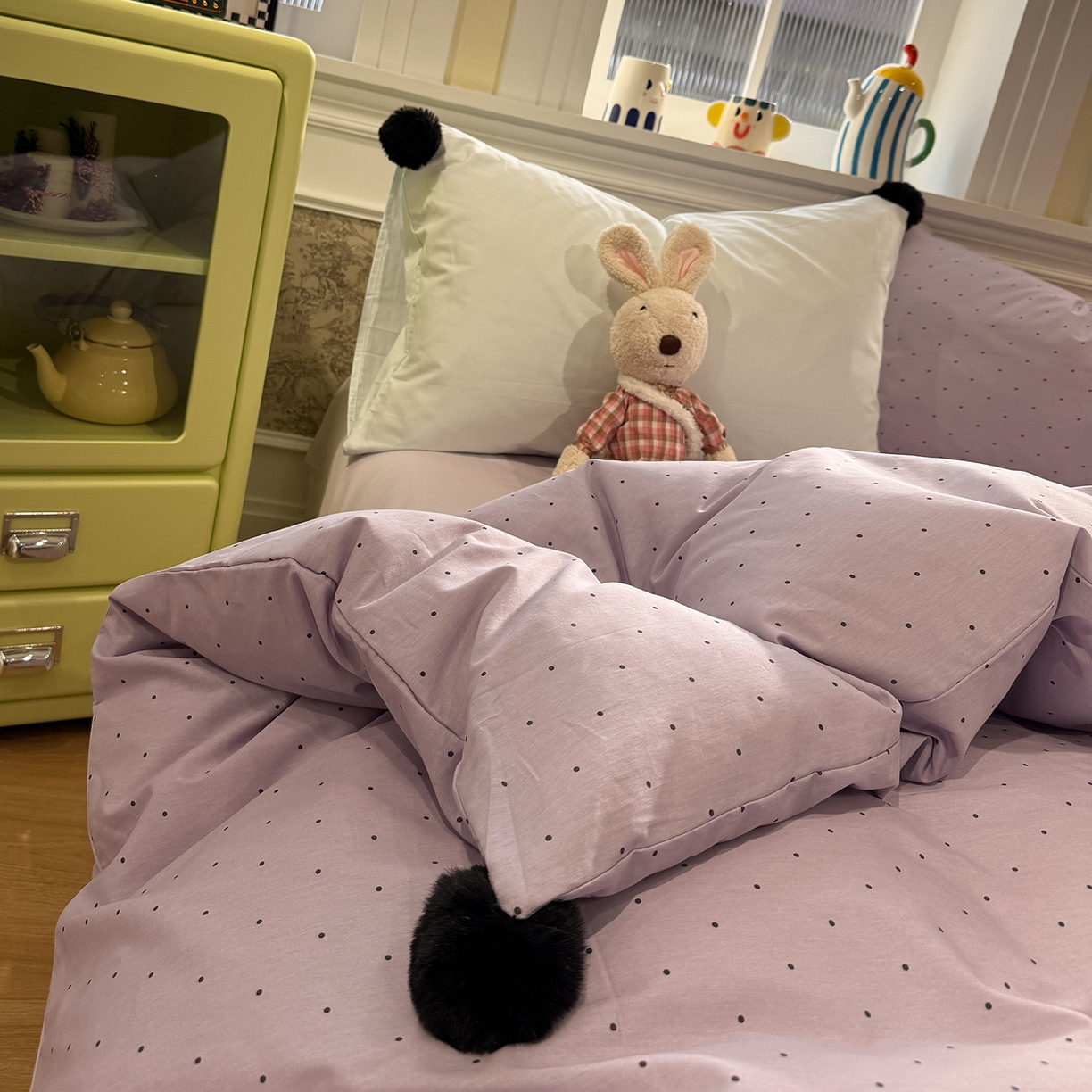 91家纺网 家纺一手货源 找家纺 慕尚家纺 2026新款全棉纯棉水洗带球工艺四件套 波点紫