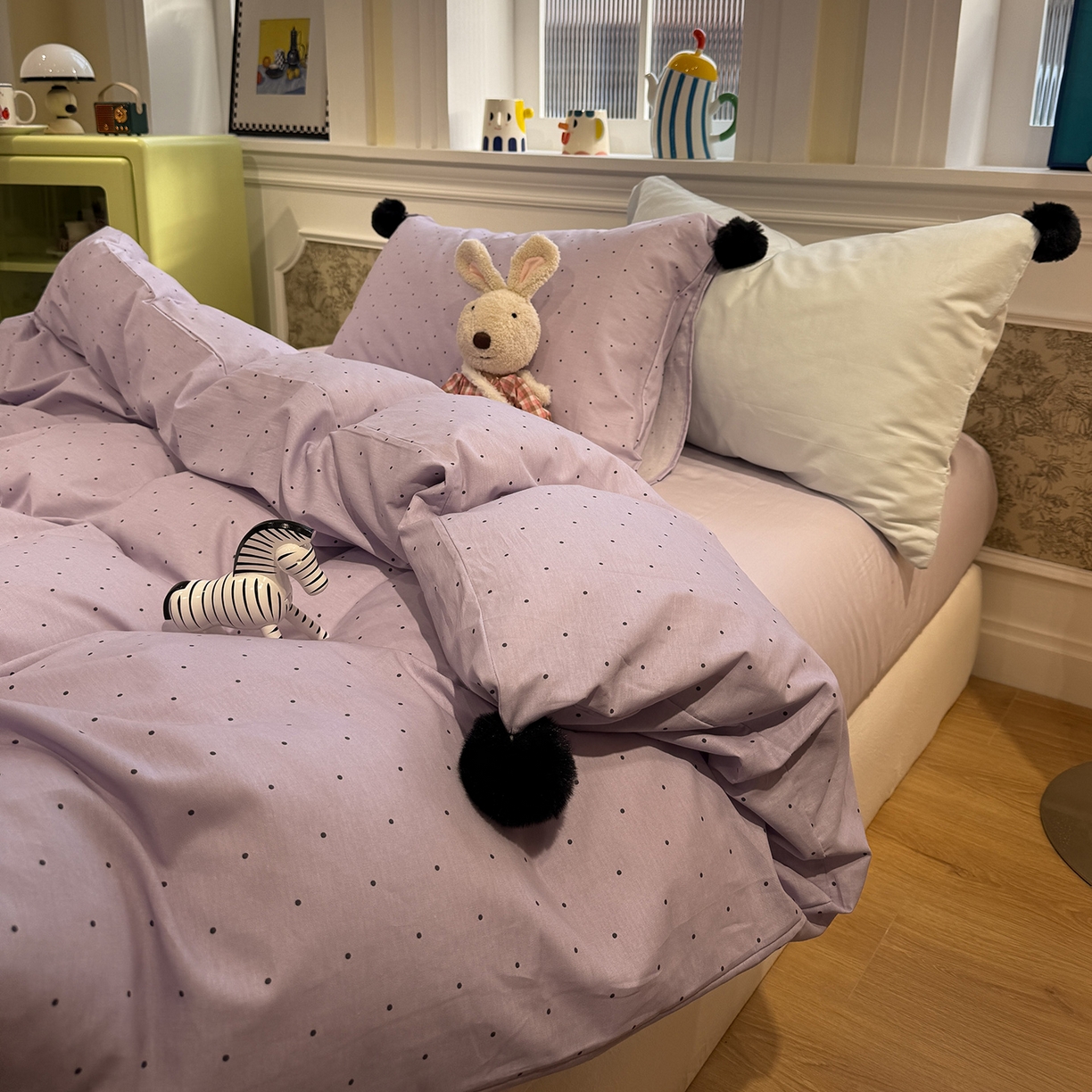 91家纺网 家纺一手货源 找家纺 慕尚家纺 2026新款全棉纯棉水洗带球工艺四件套 波点紫