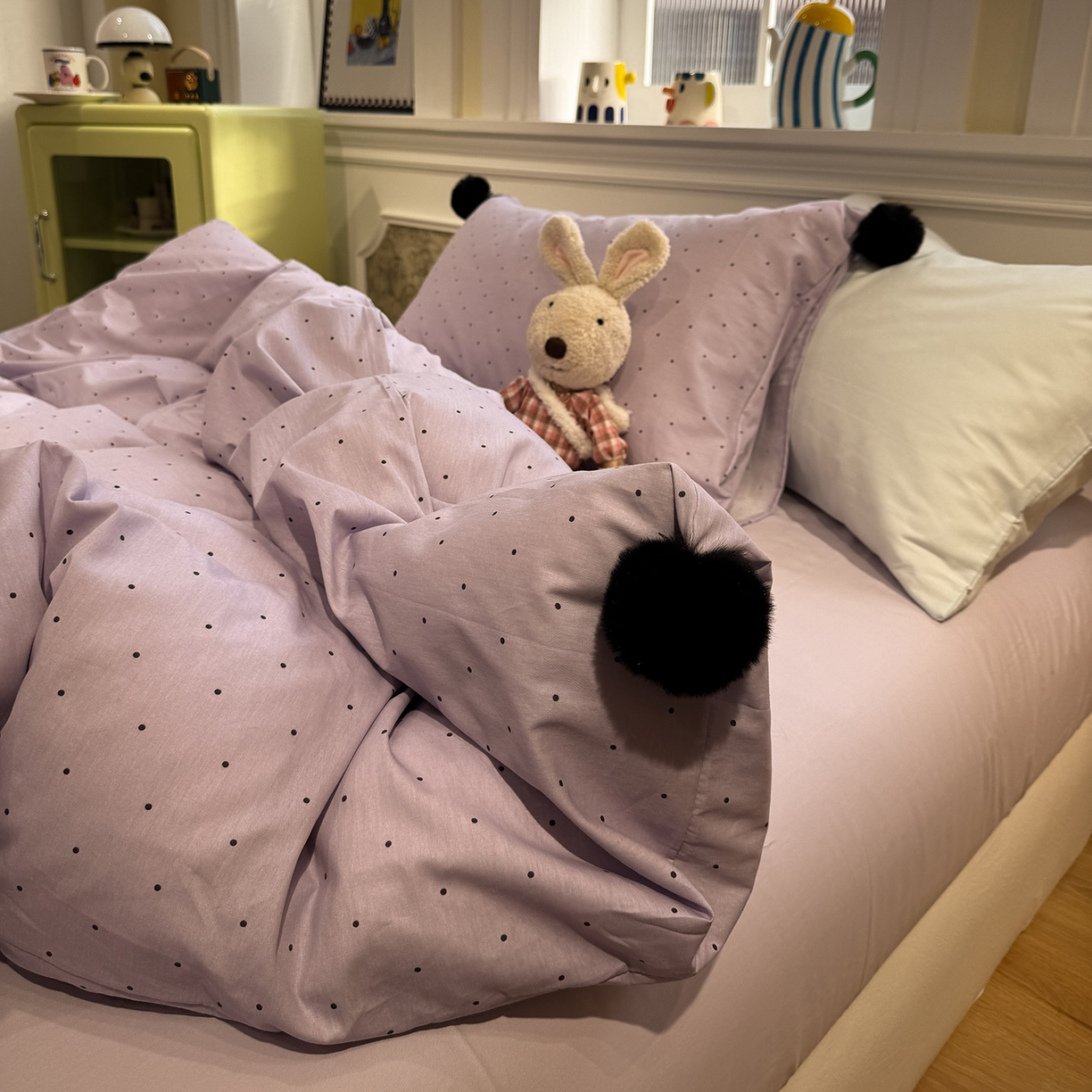 91家纺网 家纺一手货源 找家纺 慕尚家纺 2026新款全棉纯棉水洗带球工艺四件套 波点紫