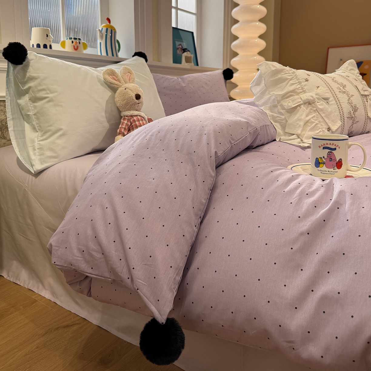 91家纺网 家纺一手货源 找家纺 慕尚家纺 2026新款全棉纯棉水洗带球工艺四件套 波点紫