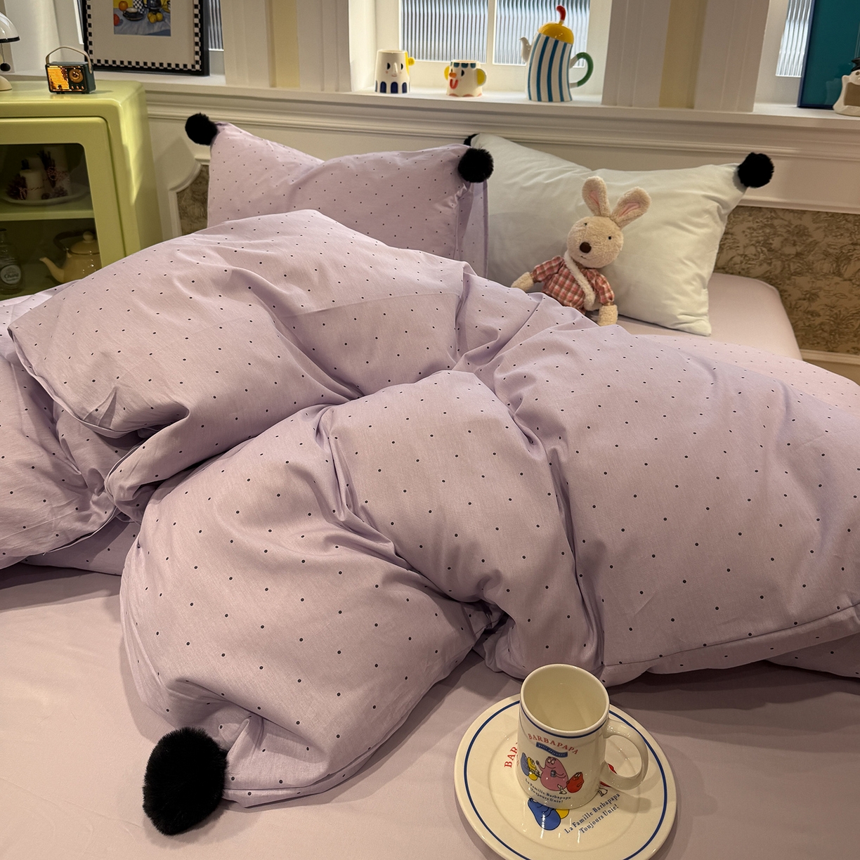 91家纺网 家纺一手货源 找家纺 慕尚家纺 2026新款全棉纯棉水洗带球工艺四件套 波点紫