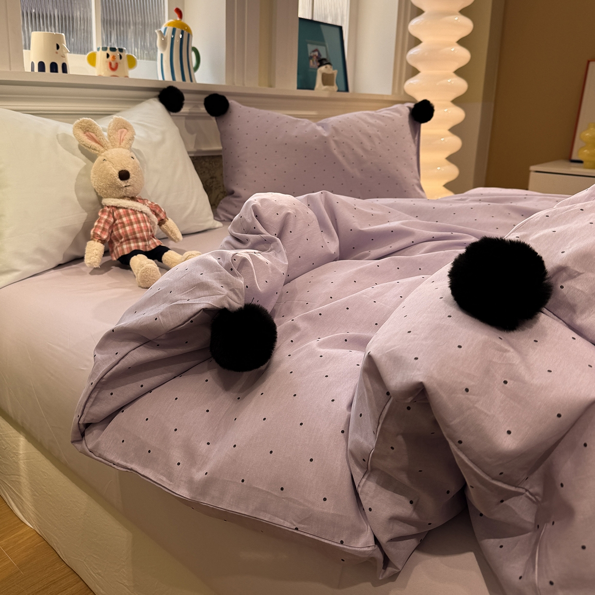 91家纺网 家纺一手货源 找家纺 慕尚家纺 2026新款全棉纯棉水洗带球工艺四件套 波点紫