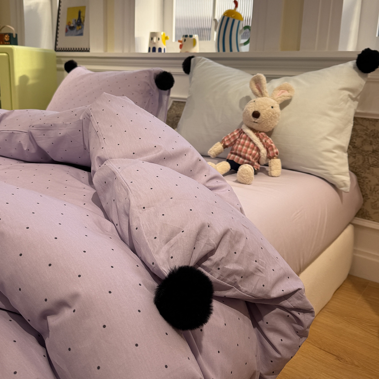 91家纺网 家纺一手货源 找家纺 慕尚家纺 2026新款全棉纯棉水洗带球工艺四件套 波点紫