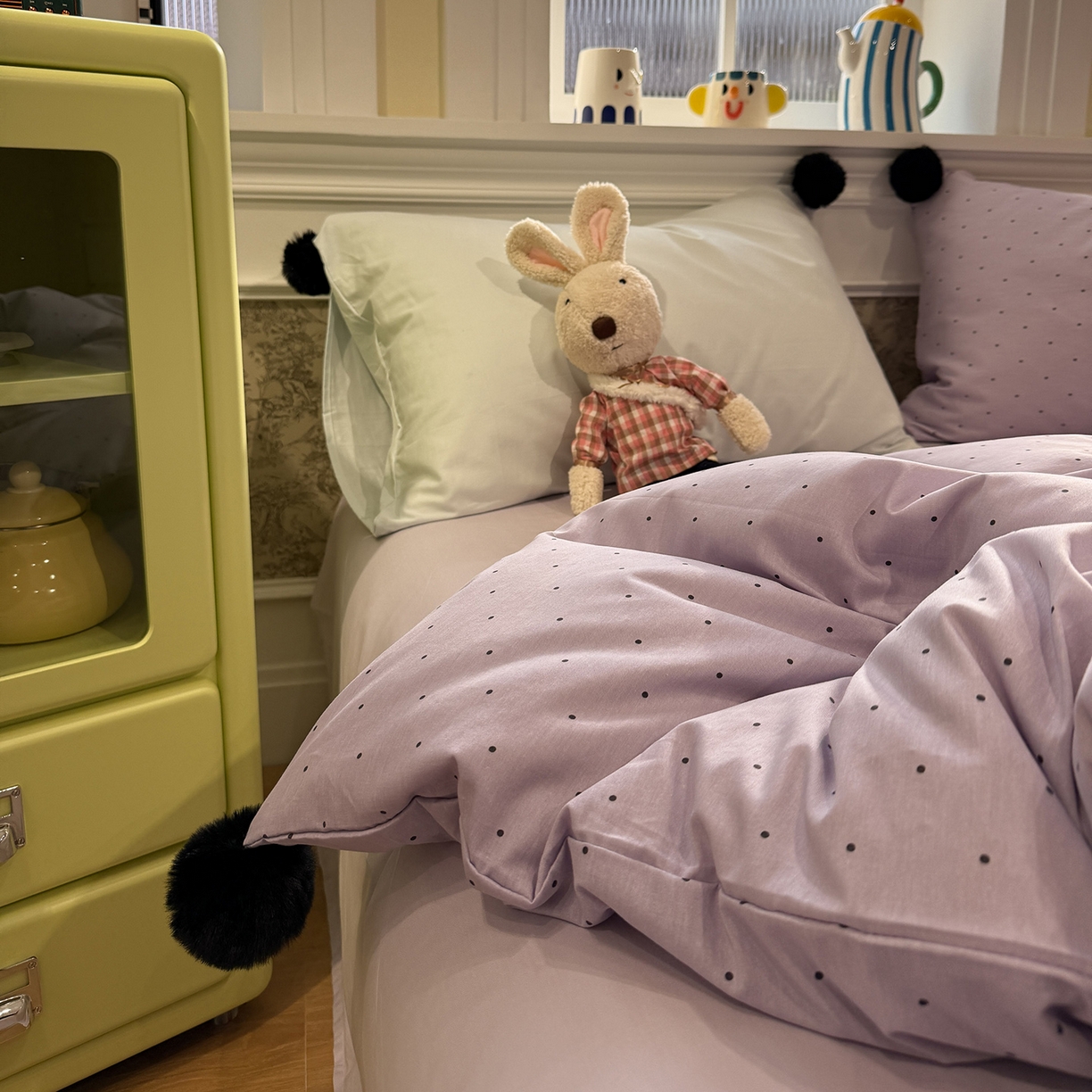 91家纺网 家纺一手货源 找家纺 慕尚家纺 2026新款全棉纯棉水洗带球工艺四件套 波点紫