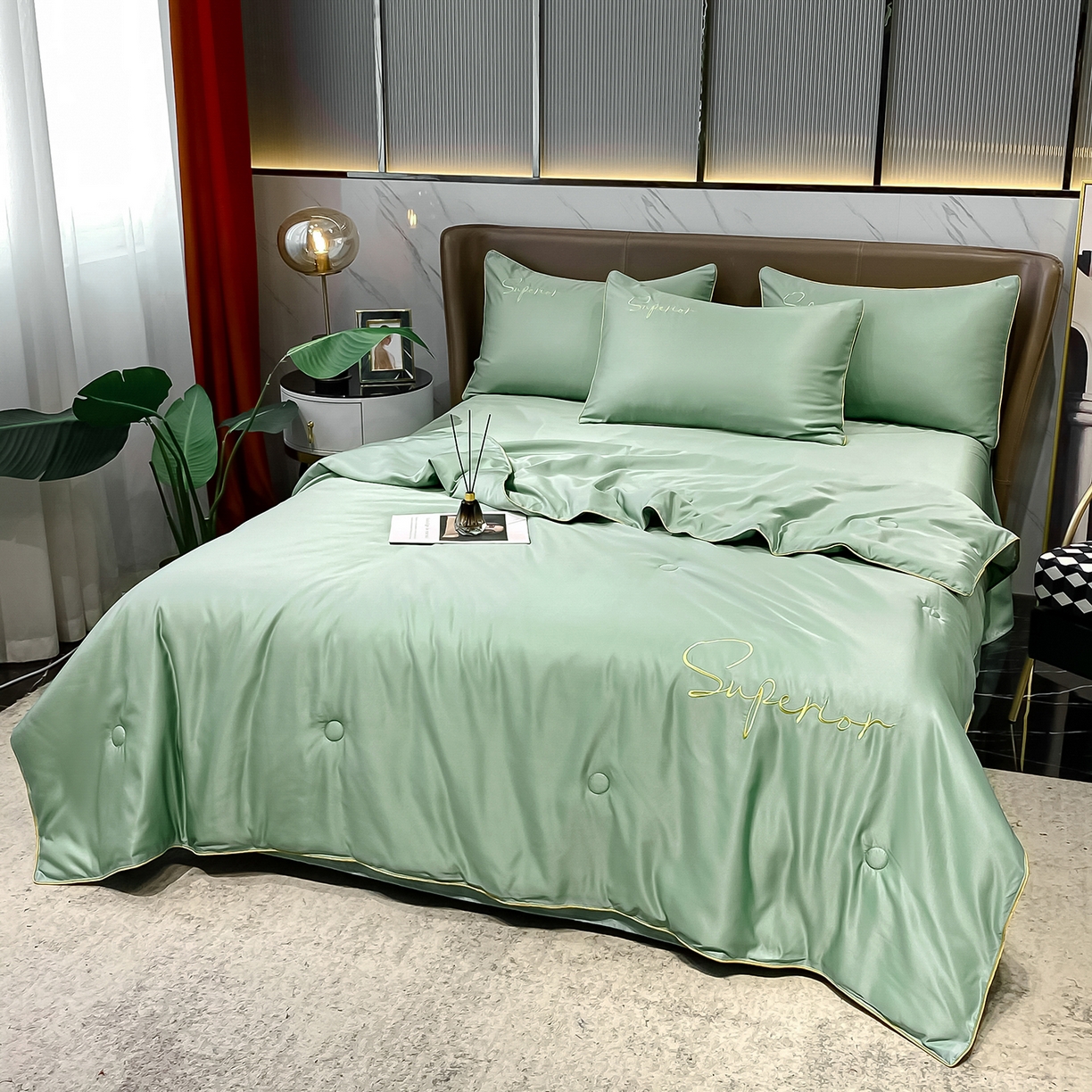 91家纺网 家纺一手货源 找家纺 吾诺家居 2026新款字母刺绣水洗天丝夏被夏凉被空调被四件套-字母 字母琉璃绿