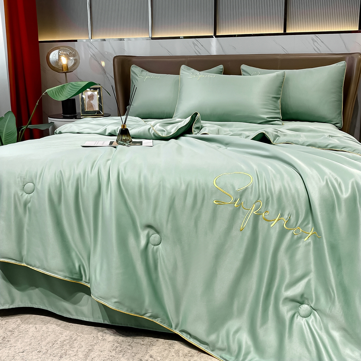 91家纺网 家纺一手货源 找家纺 吾诺家居 2026新款字母刺绣水洗天丝夏被夏凉被空调被四件套-字母 字母琉璃绿