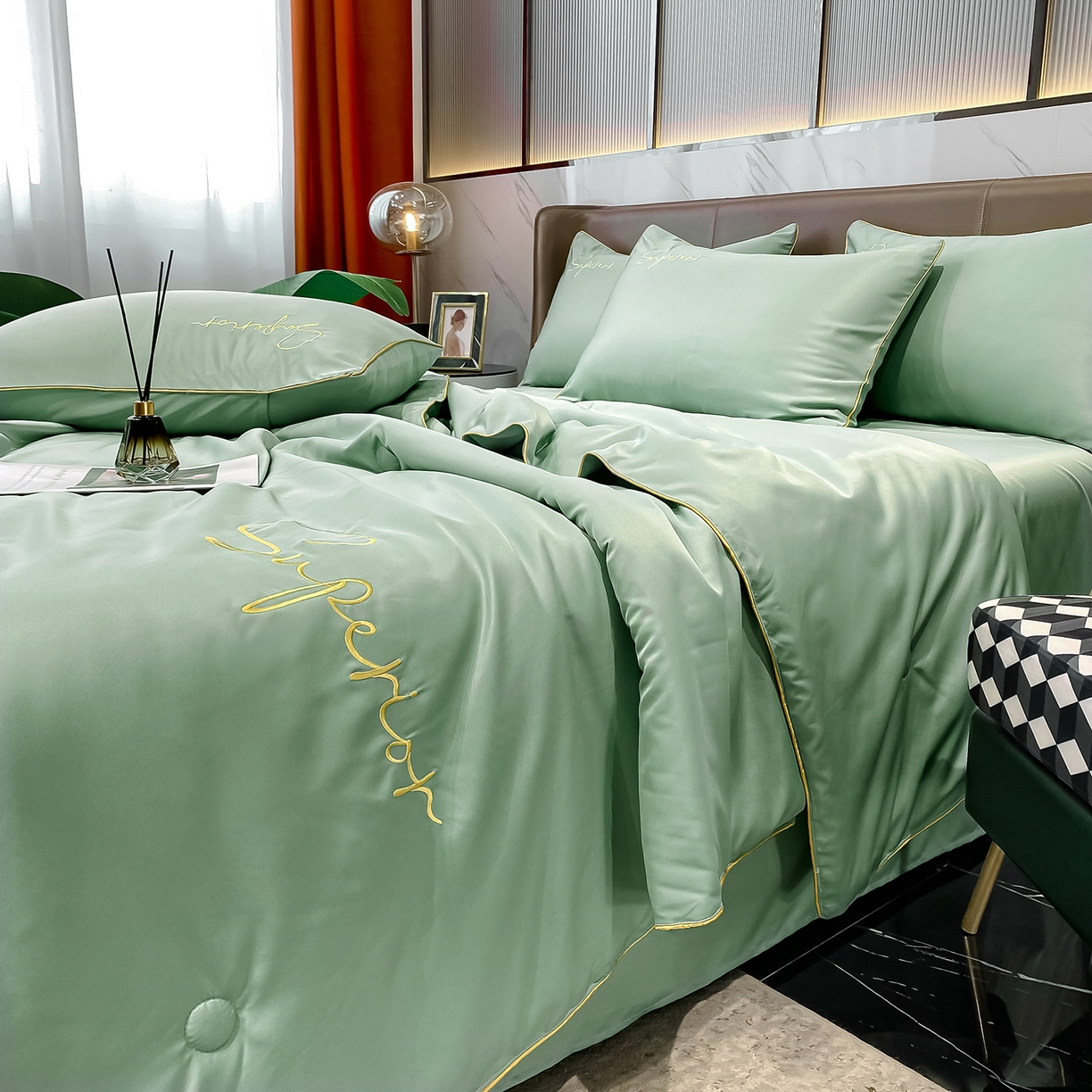 91家纺网 家纺一手货源 找家纺 吾诺家居 2026新款字母刺绣水洗天丝夏被夏凉被空调被四件套-字母 字母琉璃绿