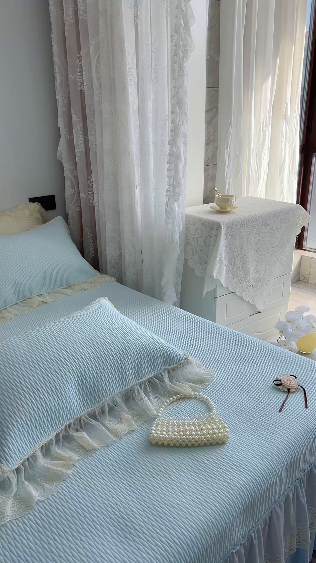 91家纺网 家纺一手货源 找家纺 恋尚羽 2026新款高分子PE凉泡泡大床裙凉感席波浪冰豆豆凉席席子三件套-系列 山茶可可 蓝色