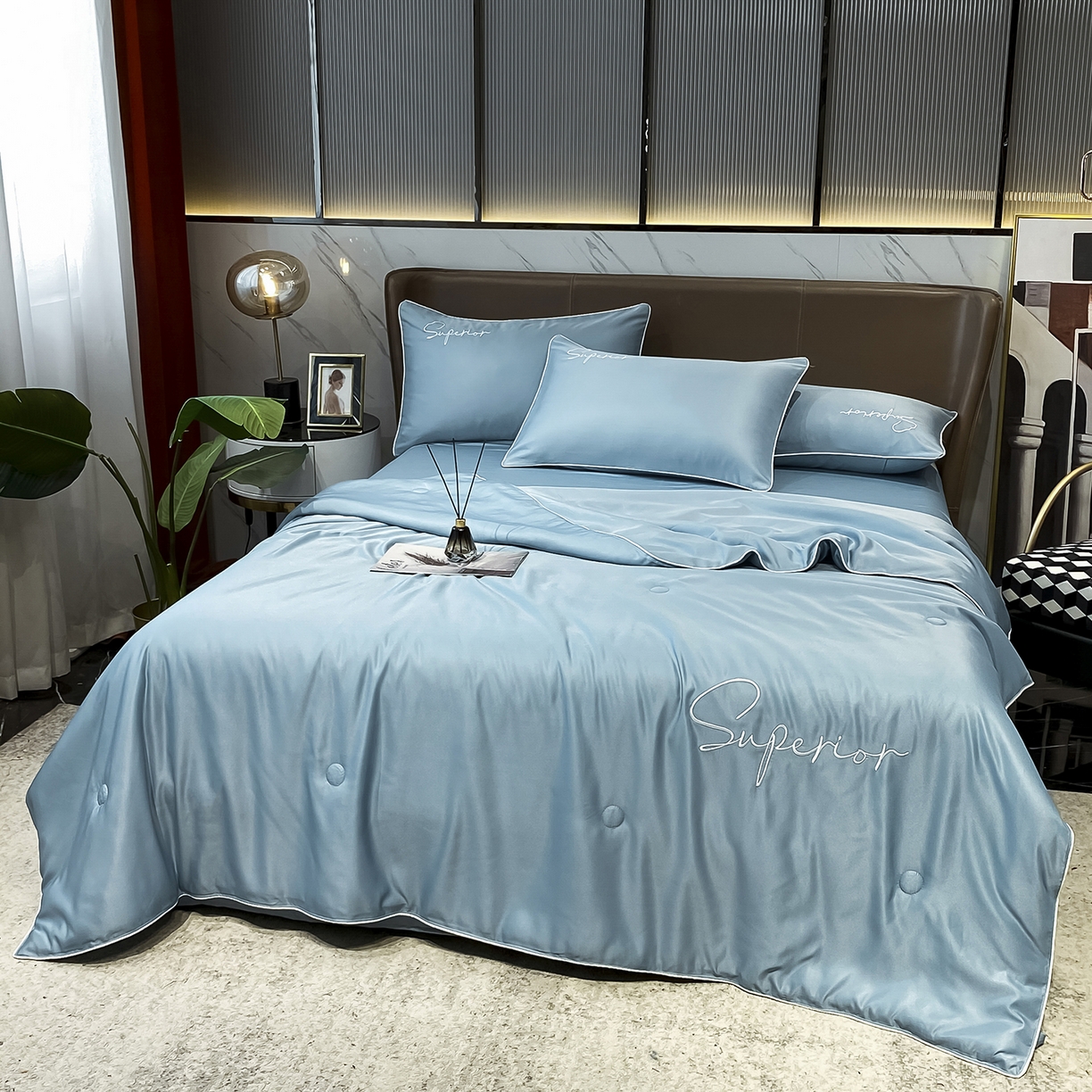 91家纺网 家纺一手货源 找家纺 吾诺家居 2026新款字母刺绣水洗天丝夏被夏凉被空调被四件套-字母 字母石兰