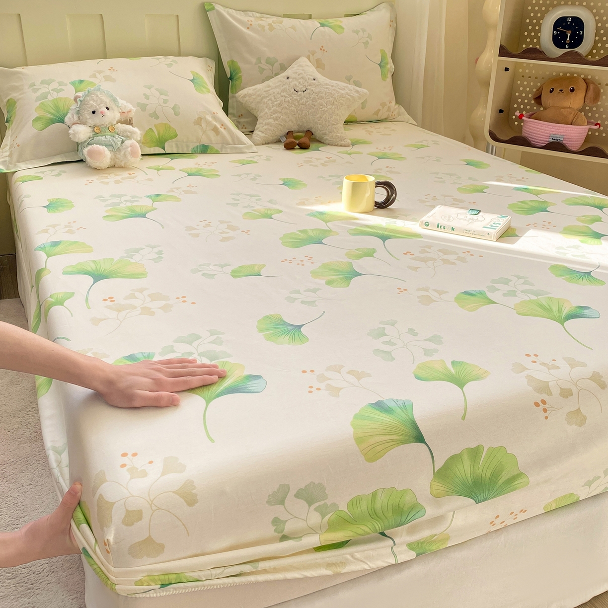 91家纺网 家纺一手货源 找家纺 女子家纺 2026新款全棉纯棉印花小印花花卉款单床笠床笠单件 青绿银杏