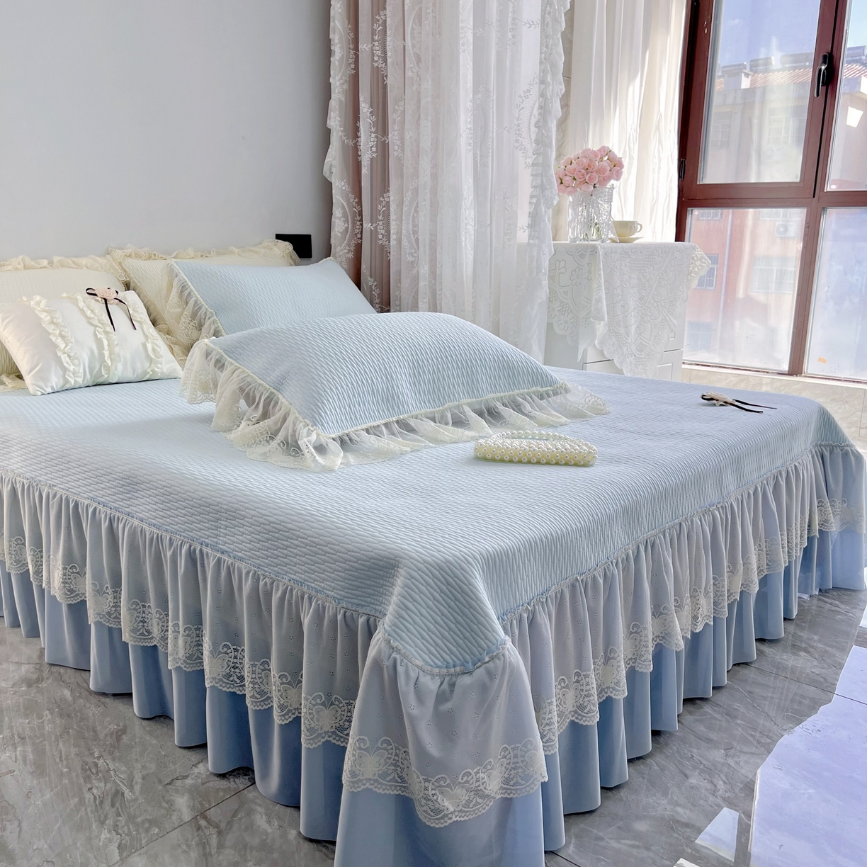 91家纺网 家纺一手货源 找家纺 恋尚羽 2026新款高分子PE凉泡泡大床裙凉感席波浪冰豆豆凉席席子三件套-系列 山茶可可 蓝色