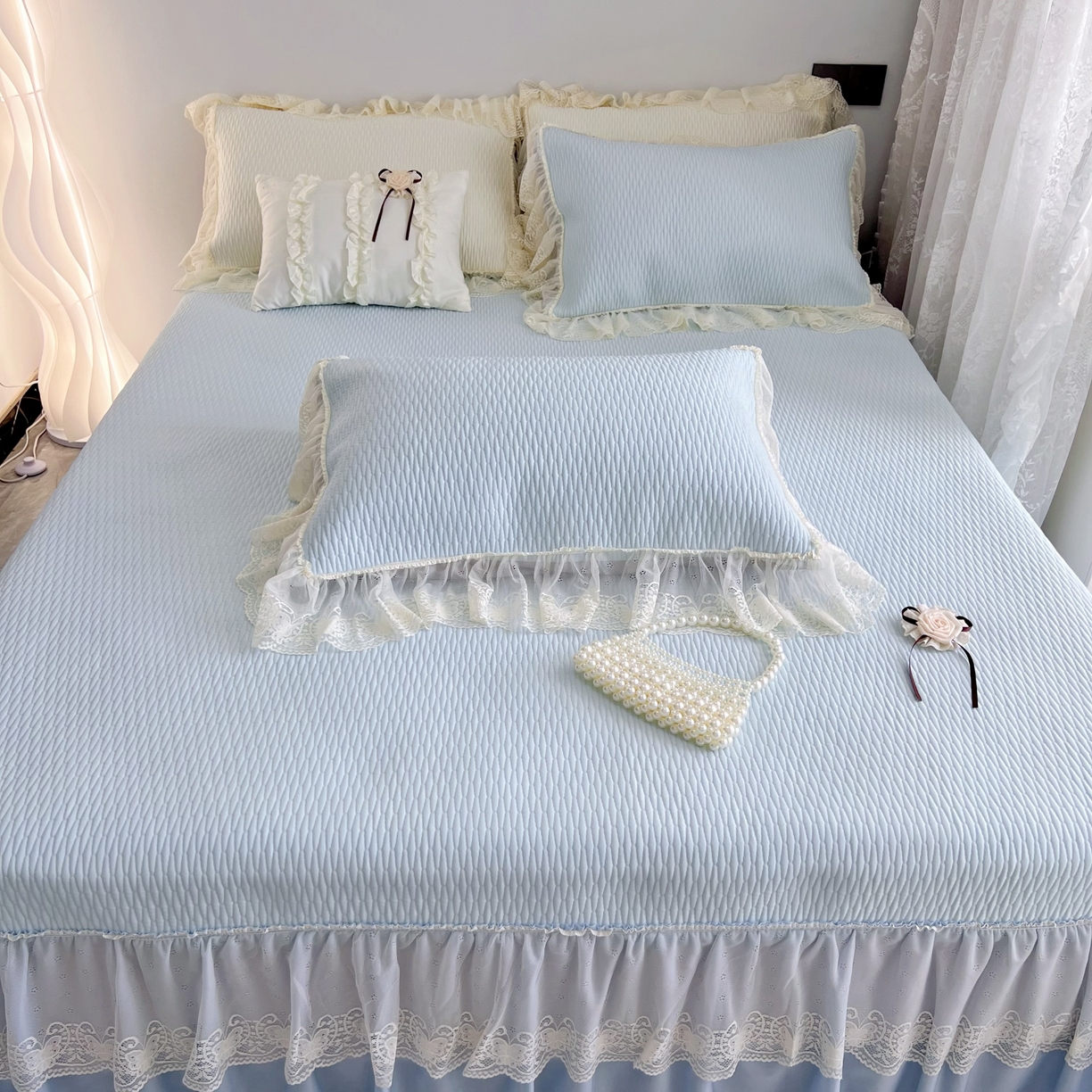 91家纺网 家纺一手货源 找家纺 恋尚羽 2026新款高分子PE凉泡泡大床裙凉感席波浪冰豆豆凉席席子三件套-系列 山茶可可 蓝色