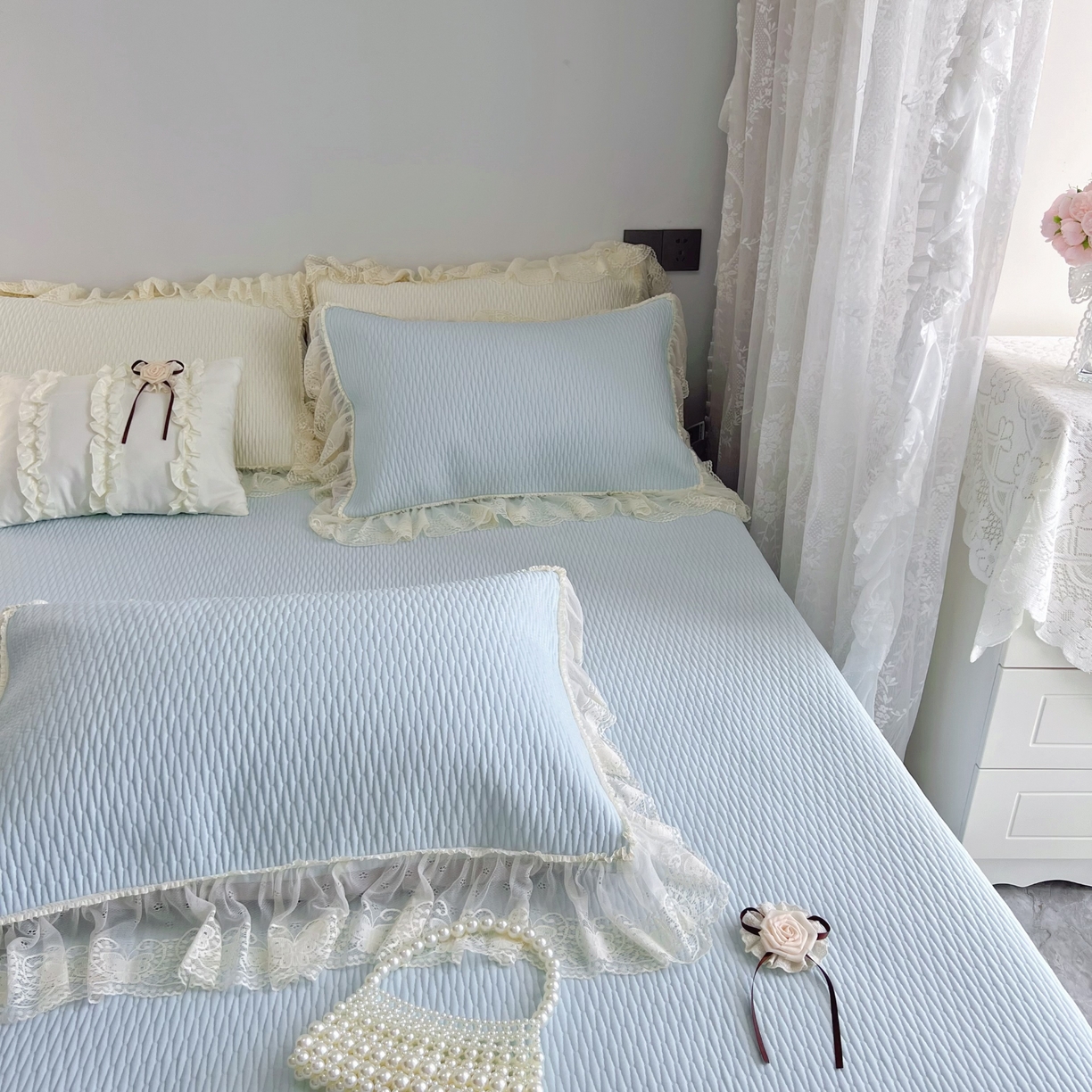 91家纺网 家纺一手货源 找家纺 恋尚羽 2026新款高分子PE凉泡泡大床裙凉感席波浪冰豆豆凉席席子三件套-系列 山茶可可 蓝色