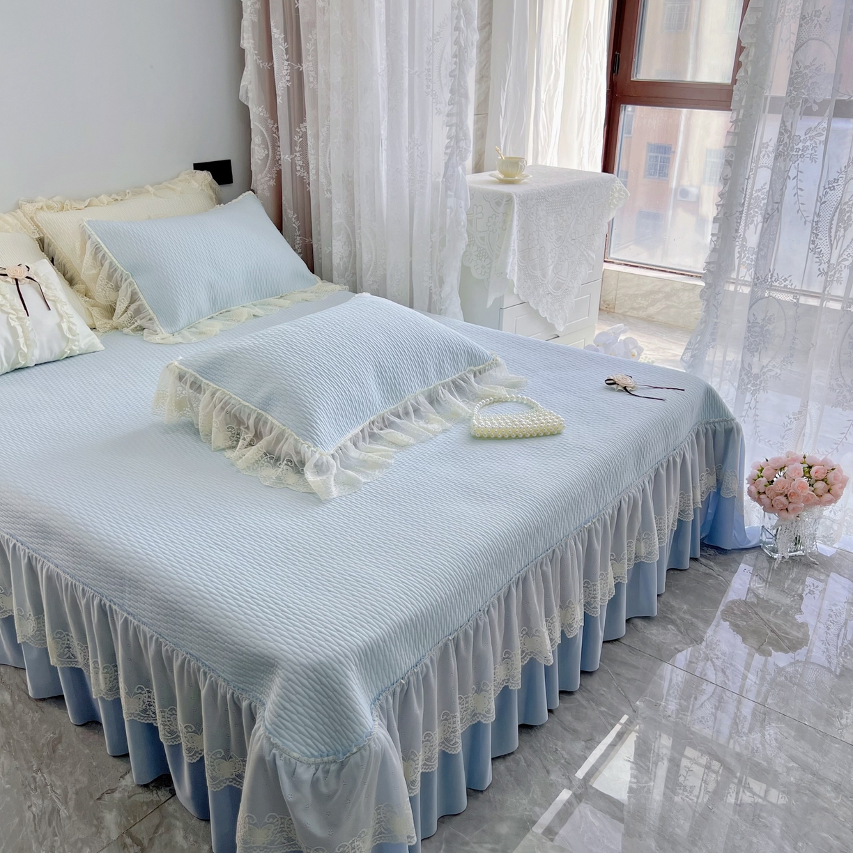 91家纺网 家纺一手货源 找家纺 恋尚羽 2026新款高分子PE凉泡泡大床裙凉感席波浪冰豆豆凉席席子三件套-系列 山茶可可 蓝色