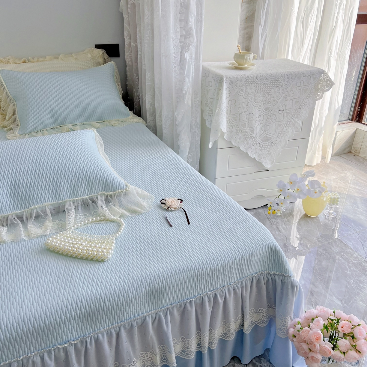 91家纺网 家纺一手货源 找家纺 恋尚羽 2026新款高分子PE凉泡泡大床裙凉感席波浪冰豆豆凉席席子三件套-系列 山茶可可 蓝色