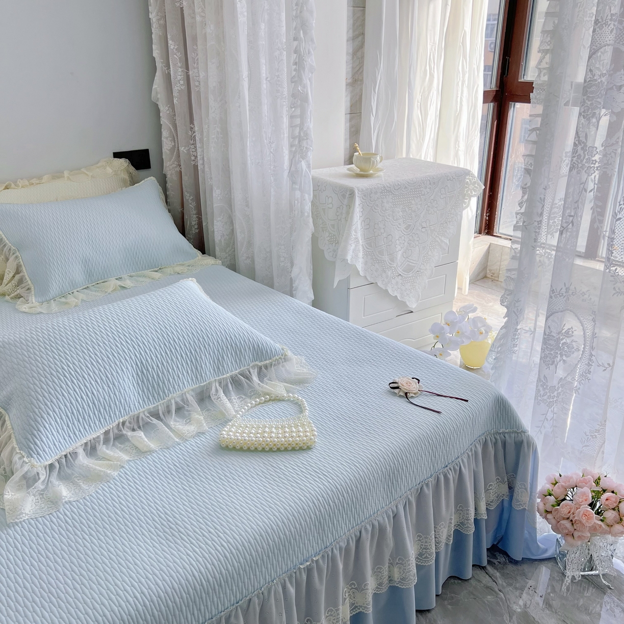 91家纺网 家纺一手货源 找家纺 恋尚羽 2026新款高分子PE凉泡泡大床裙凉感席波浪冰豆豆凉席席子三件套-系列 山茶可可 蓝色