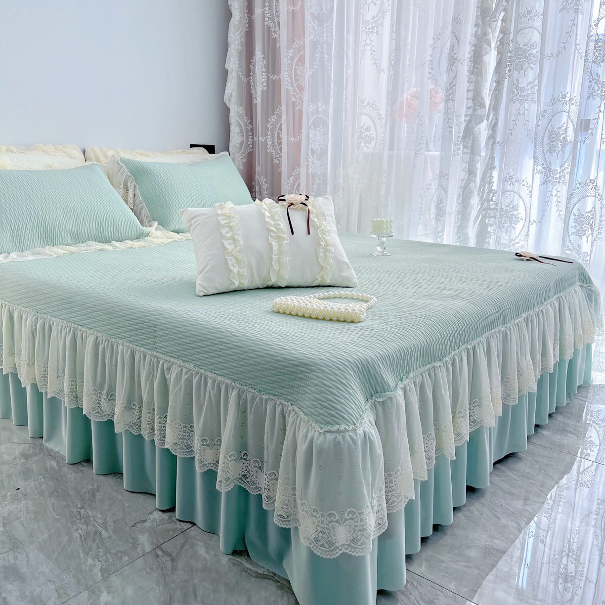 91家纺网 家纺一手货源 找家纺 恋尚羽 2026新款高分子PE凉泡泡大床裙凉感席波浪冰豆豆凉席席子三件套-系列 山茶可可 绿色