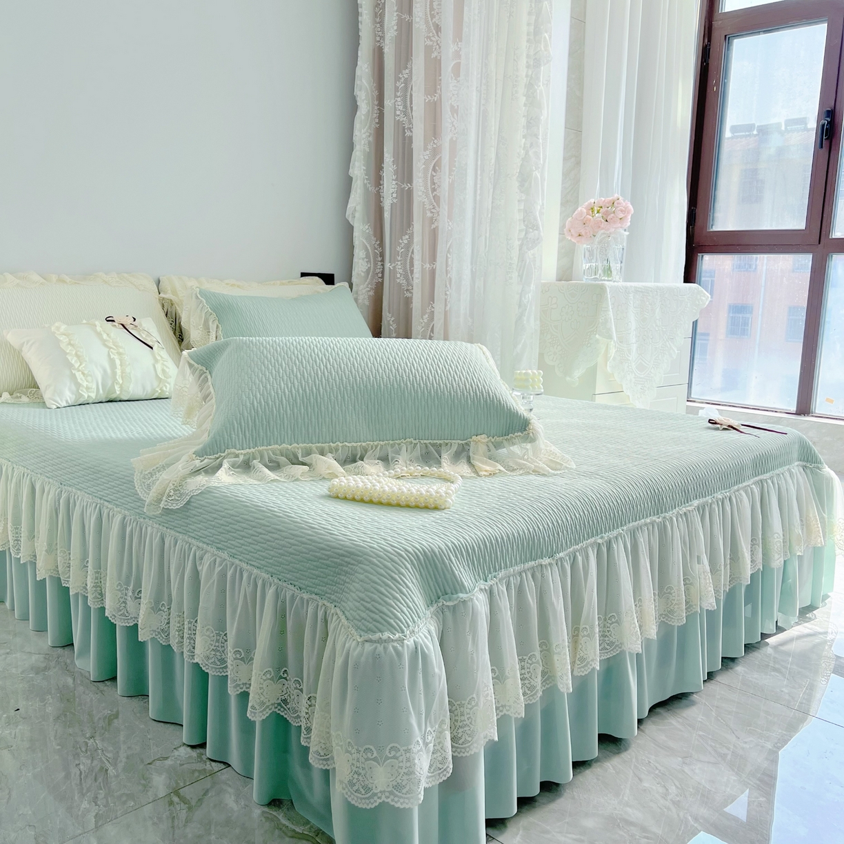91家纺网 家纺一手货源 找家纺 恋尚羽 2026新款高分子PE凉泡泡大床裙凉感席波浪冰豆豆凉席席子三件套-系列 山茶可可 绿色