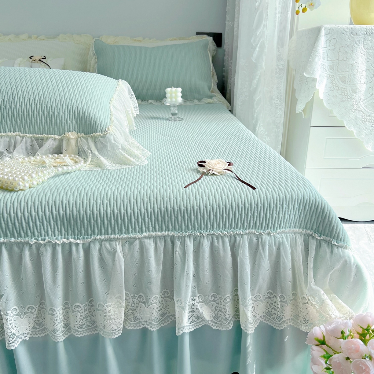 91家纺网 家纺一手货源 找家纺 恋尚羽 2026新款高分子PE凉泡泡大床裙凉感席波浪冰豆豆凉席席子三件套-系列 山茶可可 绿色