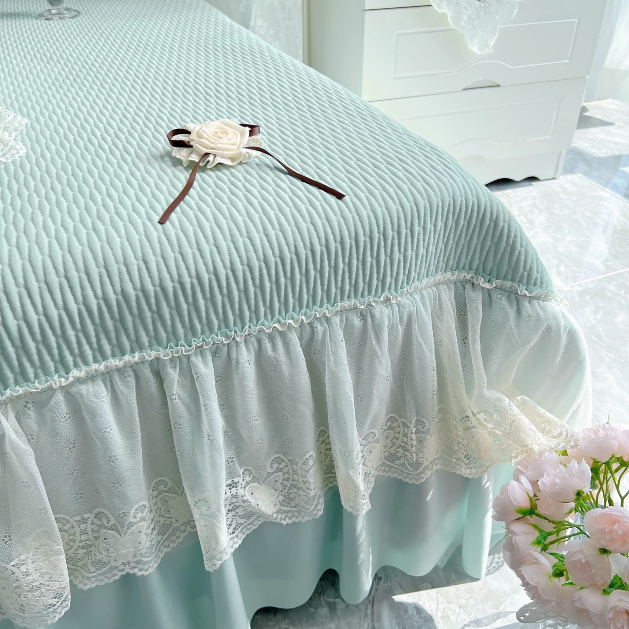 91家纺网 家纺一手货源 找家纺 恋尚羽 2026新款高分子PE凉泡泡大床裙凉感席波浪冰豆豆凉席席子三件套-系列 山茶可可 绿色